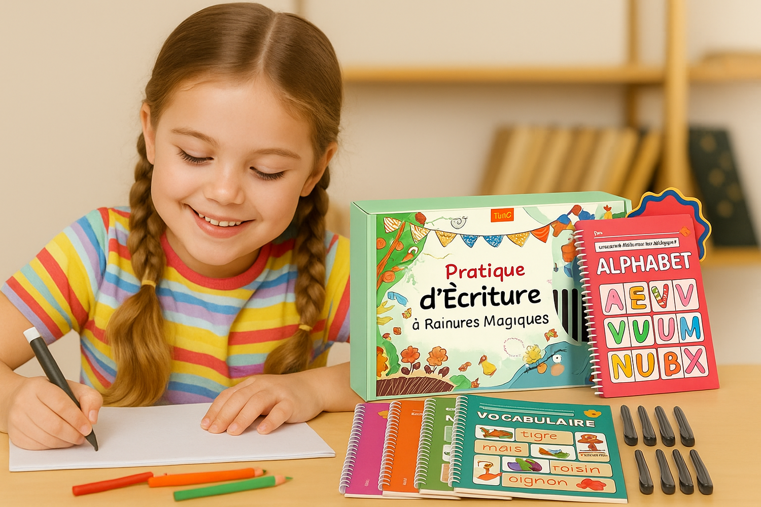 Melia™ – Cahier d’Écriture à Rainures Magiques (Pack Complet)