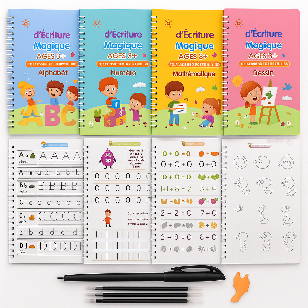 Melia™ – Cahier d’Écriture à Rainures Magiques (Pack Complet)